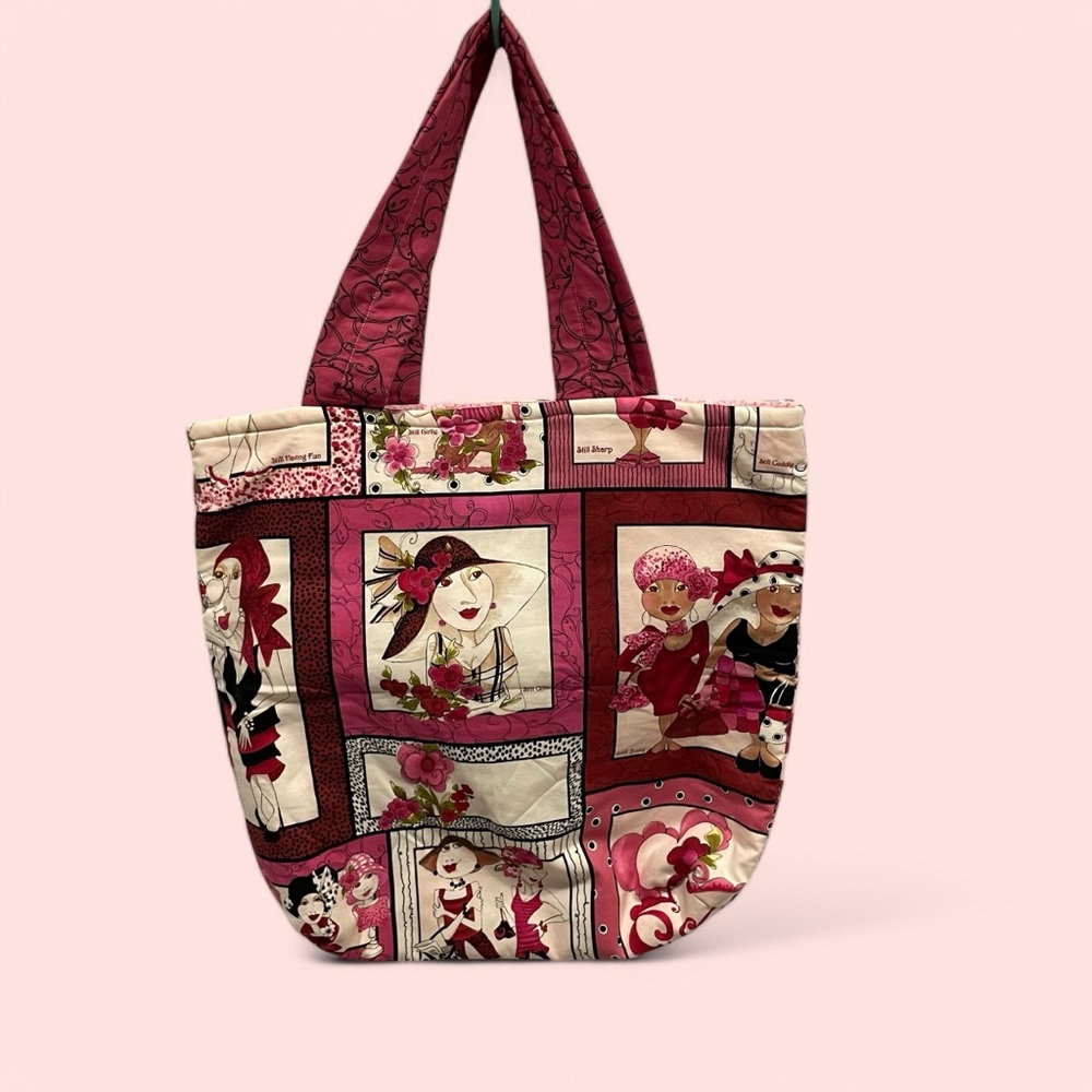 Adorable quilted ladies with flowers possibly handmade shopper tote motivation